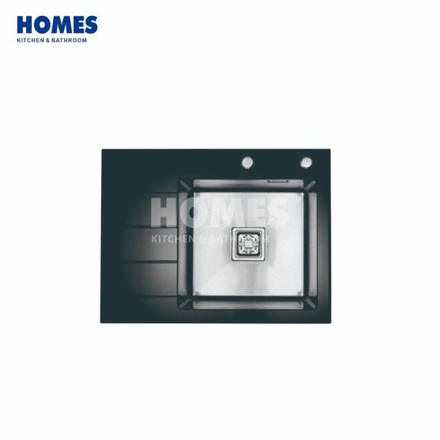 GS6550L Stylish Black Stainless Steel Single-Bowl Kitchen Sink: Featuring Drainboard & Glass Panel