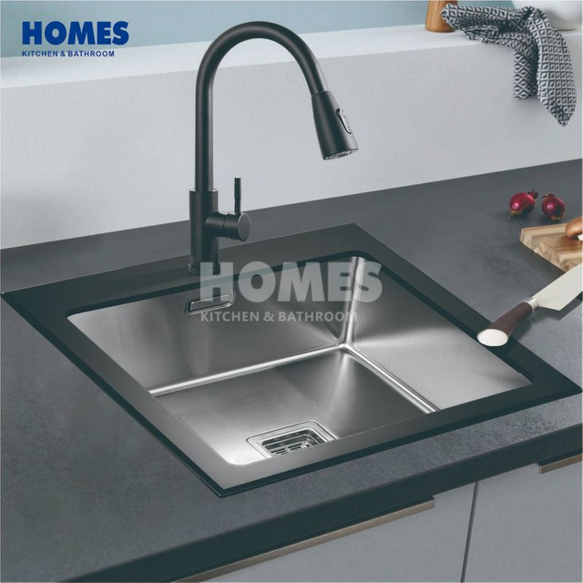 GS6050 Top-Mount Single-Bowl Kitchen Sink - Brushed Stainless Steel Body with Transparent Glass Panel