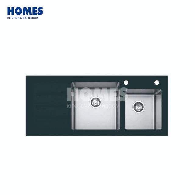 GDM11550L 304 Stainless Steel & Black Glass Double Bowl Kitchen Sink - Handmade with Drainboard