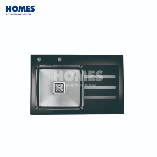 GSM7850R Single-Bowl Black Stainless Steel Kitchen Sink Featuring Drainboard & Glass Cutting Board