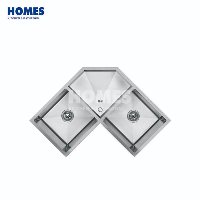 CD1000 Handmade Brushed Stainless Steel Corner Kitchen Sink - Double Bowl with Unique Butterfly Design