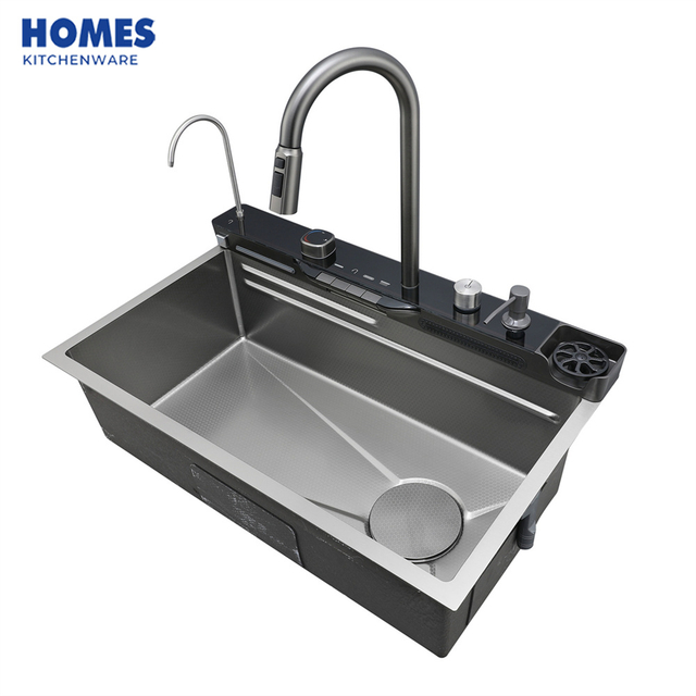 Single Bowl kitchen Sinks, Stainless Steel Bar Sink With Pull Down Sprayhead Faucet, Smart Modern Kitchen Sink