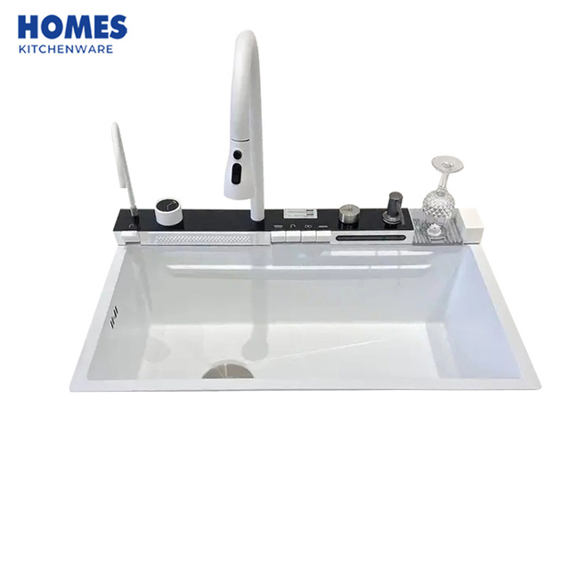 Waterfall sink white single trough button digital display 304 stainless steel sink kitchen nano sink