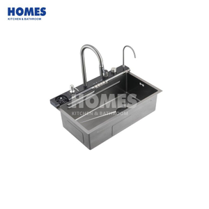 LR7546 Smart Kitchen Sink Single Square Bowl Stainless Steel Honeycomb Pull-Out Swivel Faucet Digital Display Waterfall Design Nano