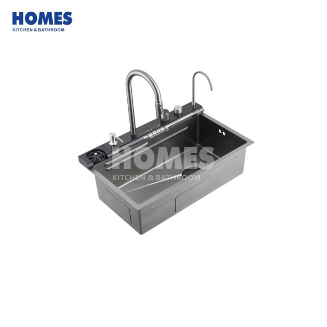 LR7546 Smart Kitchen Sink Single Square Bowl Stainless Steel Honeycomb Pull-Out Swivel Faucet Digital Display Waterfall Design Nano