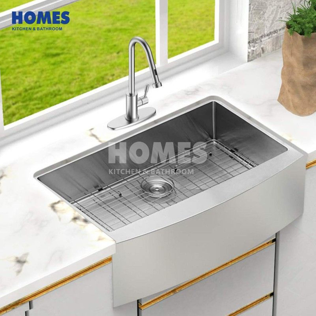 FS2722R 304 Stainless Steel Farmhouse Sink 16 Gauge Single Bowl Kitchen Basin with Round Corner Without Faucet