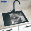 GS6550L Stylish Black Stainless Steel Single-Bowl Kitchen Sink: Featuring Drainboard & Glass Panel