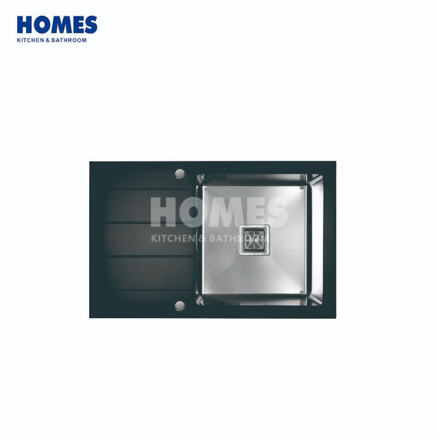 GS7850D Handmade Single-Bowl 304 Stainless Steel Kitchen Sink with Back Glass & Drainboard