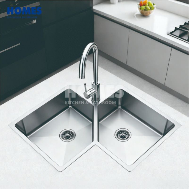 CD850 Premium Handmade Brushed Stainless Steel Corner Kitchen Sink - Double Bowl Butterfly Design
