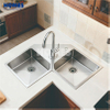 CD10002 Double Bowl Corner Kitchen Sink: Handmade Brushed Stainless Steel with Exclusive Butterfly Design
