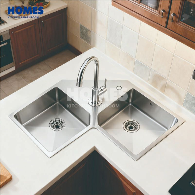 CD10002 Double Bowl Corner Kitchen Sink: Handmade Brushed Stainless Steel with Exclusive Butterfly Design