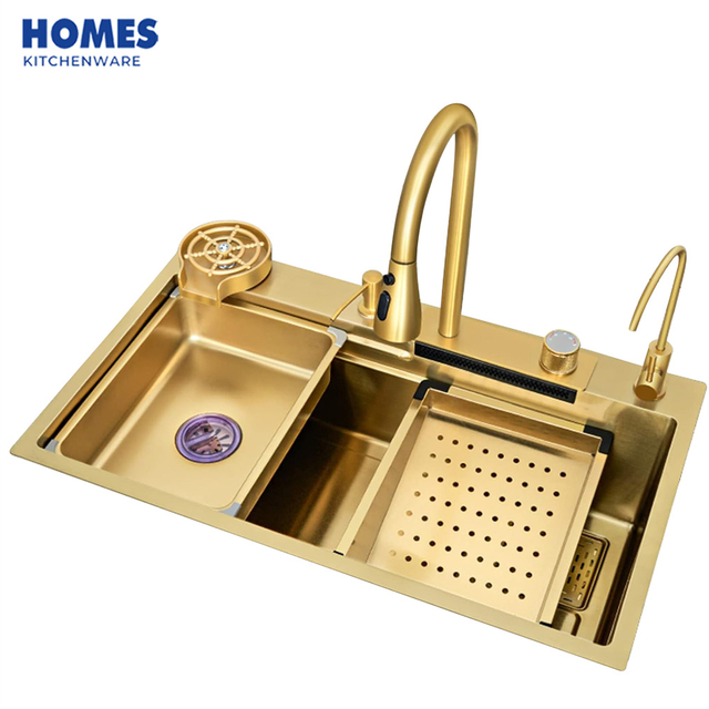 Gold Multifunction Kitchen Sink Waterfall Stainless Steel Sink with Waterfall Faucet Kitchen
