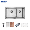 T284534 Handmade Double Bowl Round Corner Rectangular Wash Sinks Heavy Grade Stainless Steel Kitchen Sink