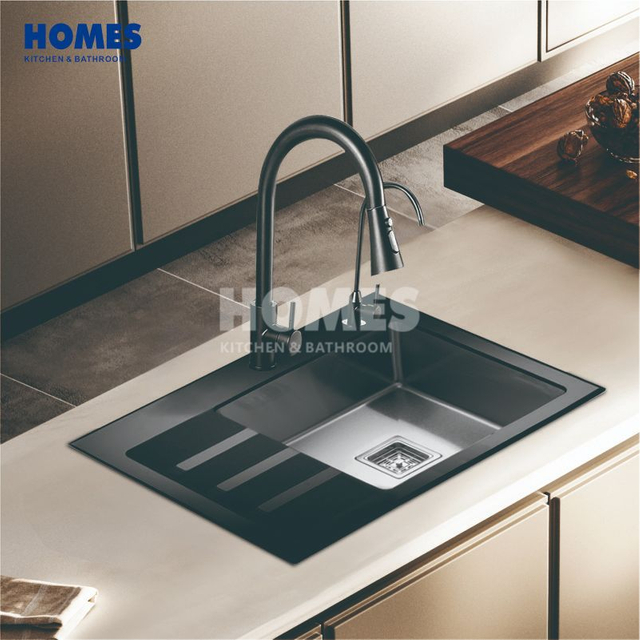 GSM6550L Black Stainless Steel Single-Bowl Kitchen Sink with Drainboard & Glass Cutting Board