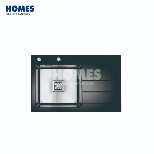 GS7850R Handmade 304 Stainless Steel & Back Glass Single-Bowl Kitchen Sink with Drainboard