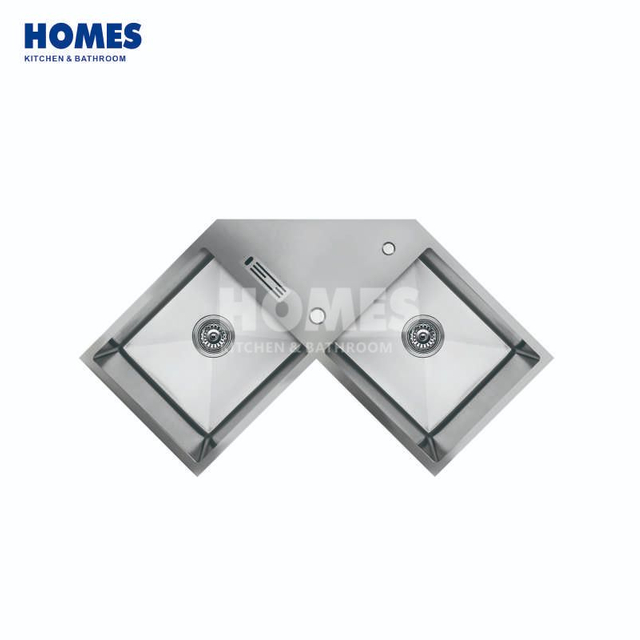 CD10002 Double Bowl Corner Kitchen Sink: Handmade Brushed Stainless Steel with Exclusive Butterfly Design