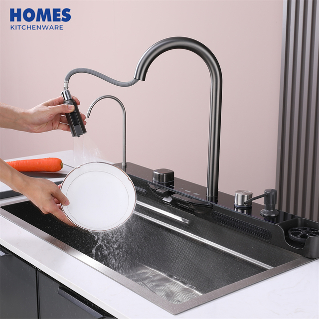 Single Bowl kitchen Sinks, Stainless Steel Bar Sink With Pull Down Sprayhead Faucet, Smart Modern Kitchen Sink