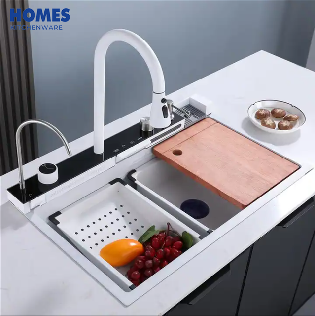 Waterfall sink white single trough button digital display 304 stainless steel sink kitchen nano sink