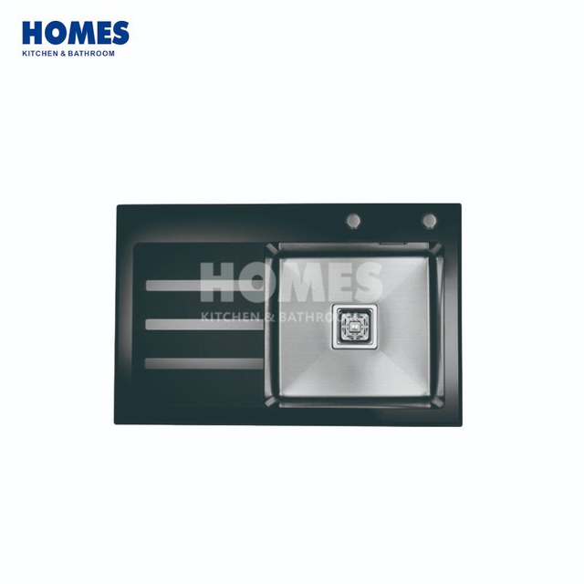 GSM7850L Black Stainless Steel Single-Bowl Kitchen Sink with Drainboard & Removable Glass Cutting Board