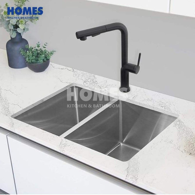T284534 Handmade Double Bowl Round Corner Rectangular Wash Sinks Heavy Grade Stainless Steel Kitchen Sink