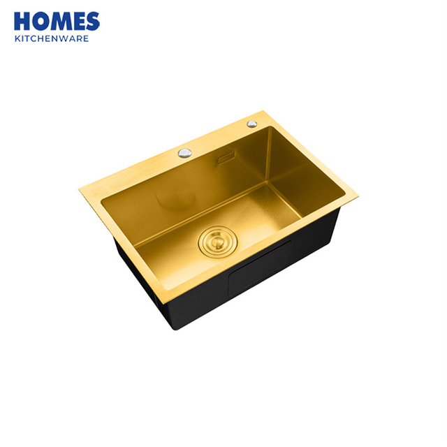 Top Mount Handmade NANO PVD Gold Stainless Steel Double Drop in Single Bowl Kitchen Sink