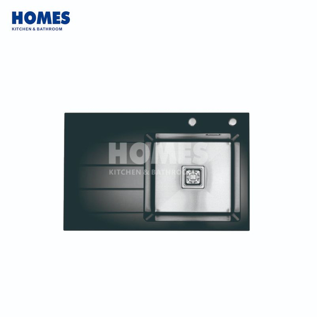 GS7850L Handmade Single-Bowl 304 Stainless Steel & Back Glass Kitchen Sink With Drainboard