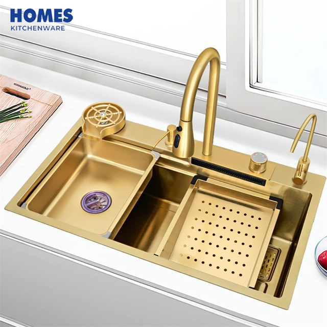Gold Multifunction Kitchen Sink Waterfall Stainless Steel Sink with Waterfall Faucet Kitchen