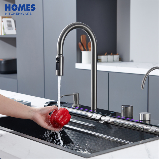 Multifunction Kitchen Sink Waterfall Stainless Steel Sink with Waterfall Faucet Kitchen