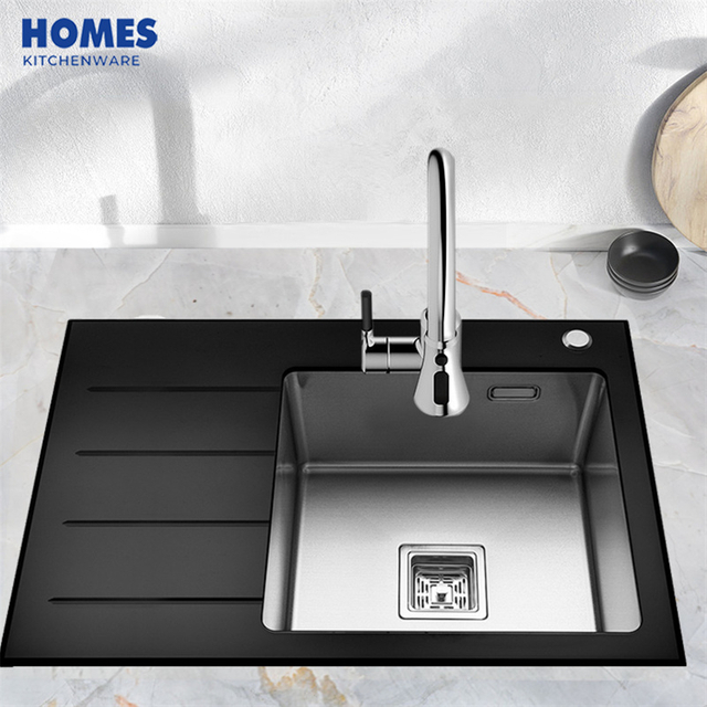 Tempered Glass Rectangular Vintage Kitchen Sink with Drainboard