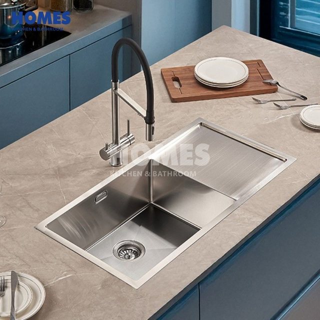DU19045R Single Bowl Kitchen Sink 304 Stainless Steel Counter One-Hole Drainboard Rectangular Undermount Design