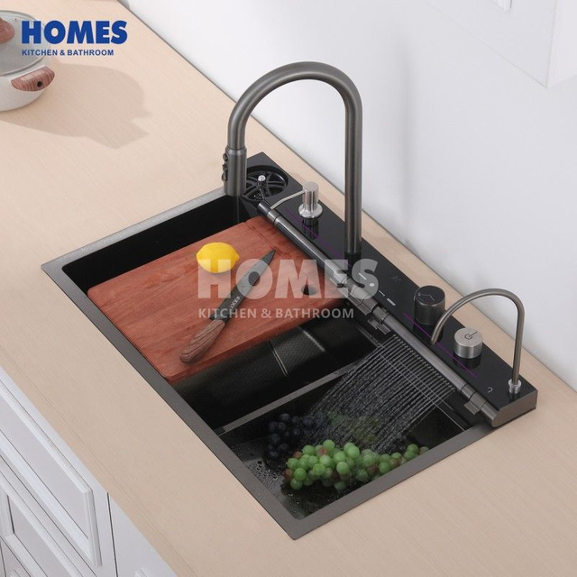 LR7546 Smart Kitchen Sink Single Square Bowl Stainless Steel Honeycomb Pull-Out Swivel Faucet Digital Display Waterfall Design Nano