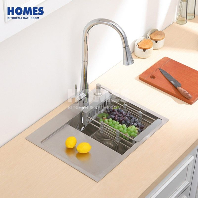 DT15848L Handmade Single Bowl Deep Metal Kitchen Sink With Drainer Wash Board