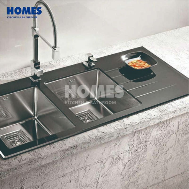 GD10550L High Grade Qual Double Bowl White Glass Stainless Steel 304 Kitchen Handmade Sink With Drainboard