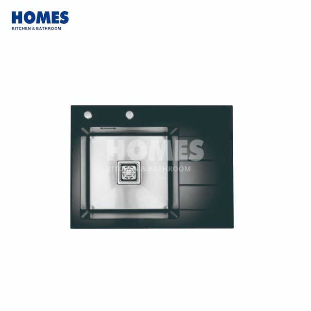 GS6550R Stylish Black Stainless Steel Single-Bowl Kitchen Sink with Integrated Drainboard & Tempered Glass Panel