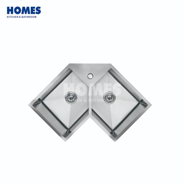 CD850 Premium Handmade Brushed Stainless Steel Corner Kitchen Sink - Double Bowl Butterfly Design