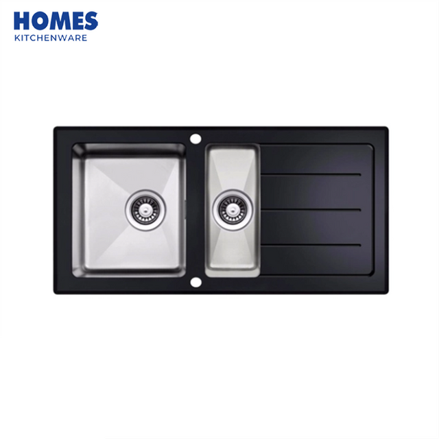 38" Tempered Double Bowl Glass Sink with Drainboard 96x48