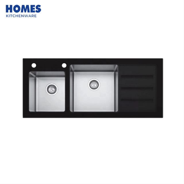 45" Black Glass Sink Topmount Cabinets with Drainboard 115x48