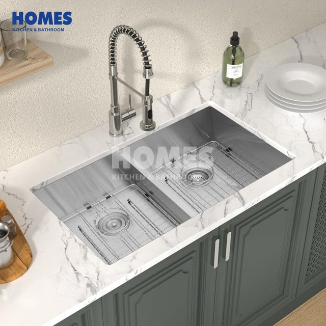 U282452 16-Gauge Stainless Steel Double-Bowl Kitchen Sink – Heavy-Duty Design for RVs, Complete with Bottom Grid