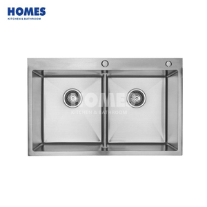 T284533 Handmade Double Bowl 16 Gauge Double Bowl 2-Hole 304 Stainless Steel Kitchen Sink