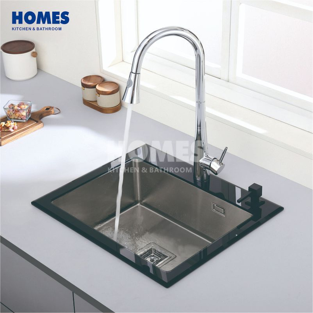 GS5050 Top Mount Single Bowl Handmade Sink Stainless Steel Sink Kitchen Sink with Glass Panel