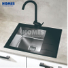 GS6550R Stylish Black Stainless Steel Single-Bowl Kitchen Sink with Integrated Drainboard & Tempered Glass Panel