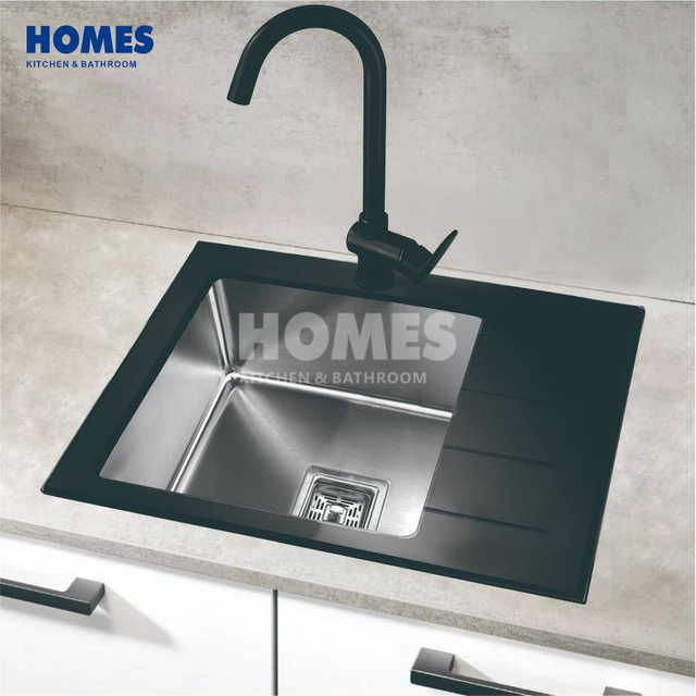 GS6550R Stylish Black Stainless Steel Single-Bowl Kitchen Sink with Integrated Drainboard & Tempered Glass Panel