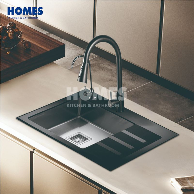 GSM6550L Black Stainless Steel Single-Bowl Kitchen Sink with Drainboard & Glass Cutting Board