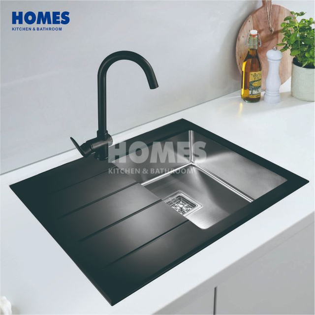 GS7850L Handmade Single-Bowl 304 Stainless Steel & Back Glass Kitchen Sink With Drainboard