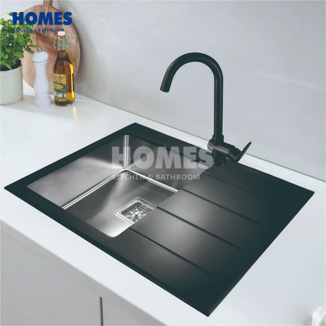 GS7850R Handmade 304 Stainless Steel & Back Glass Single-Bowl Kitchen Sink with Drainboard