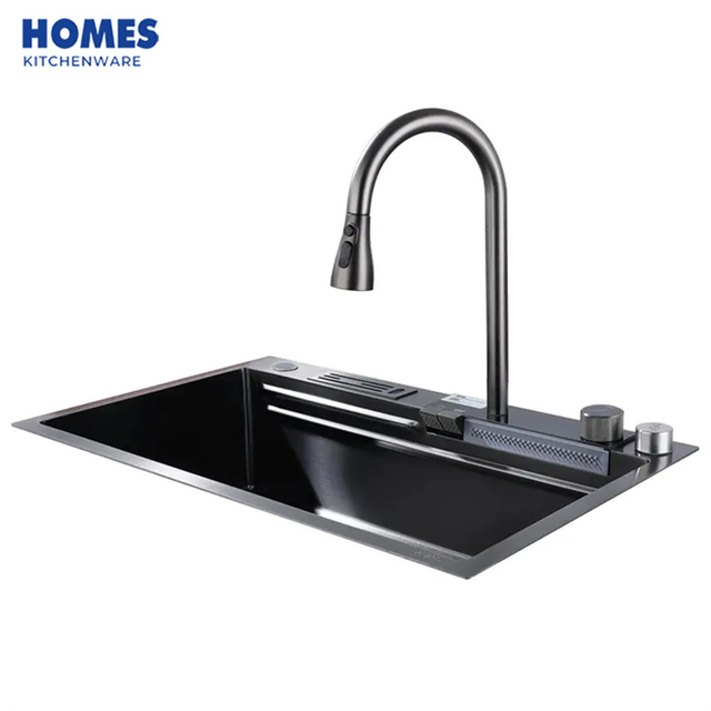 Black-Grey Nano Kitchen Sink 304 Stainless Steel Waterfall Sink Workstation Kitchen with Multifunctional 