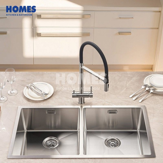 U280451 Stainless Steel Double Bowl Kitchen Sink, 16 Gauge Rv Kitchen Sink with Bottom Grid