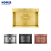 Top Mount Handmade NANO PVD Gold Stainless Steel Double Drop in Single Bowl Kitchen Sink