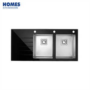 39" Black Glass Sink Topmount Kitchen with Drainboard 100x48