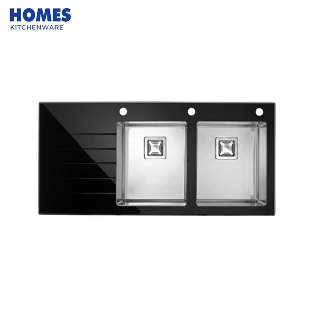 39" Black Glass Sink Topmount Kitchen with Drainboard 100x48